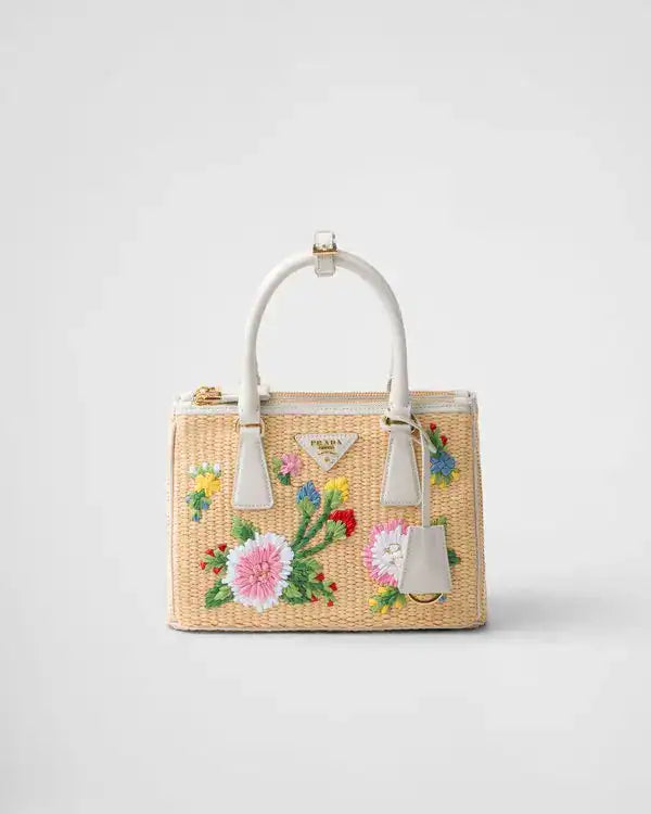 Prada Galleria Small Embroidered Raffia Tote Bag