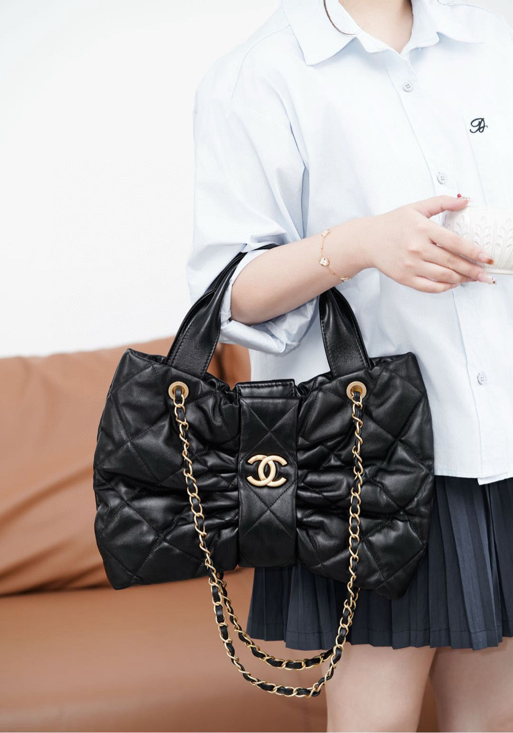 Chanel Quilted Bow Top Handle Bag with Chain Strap