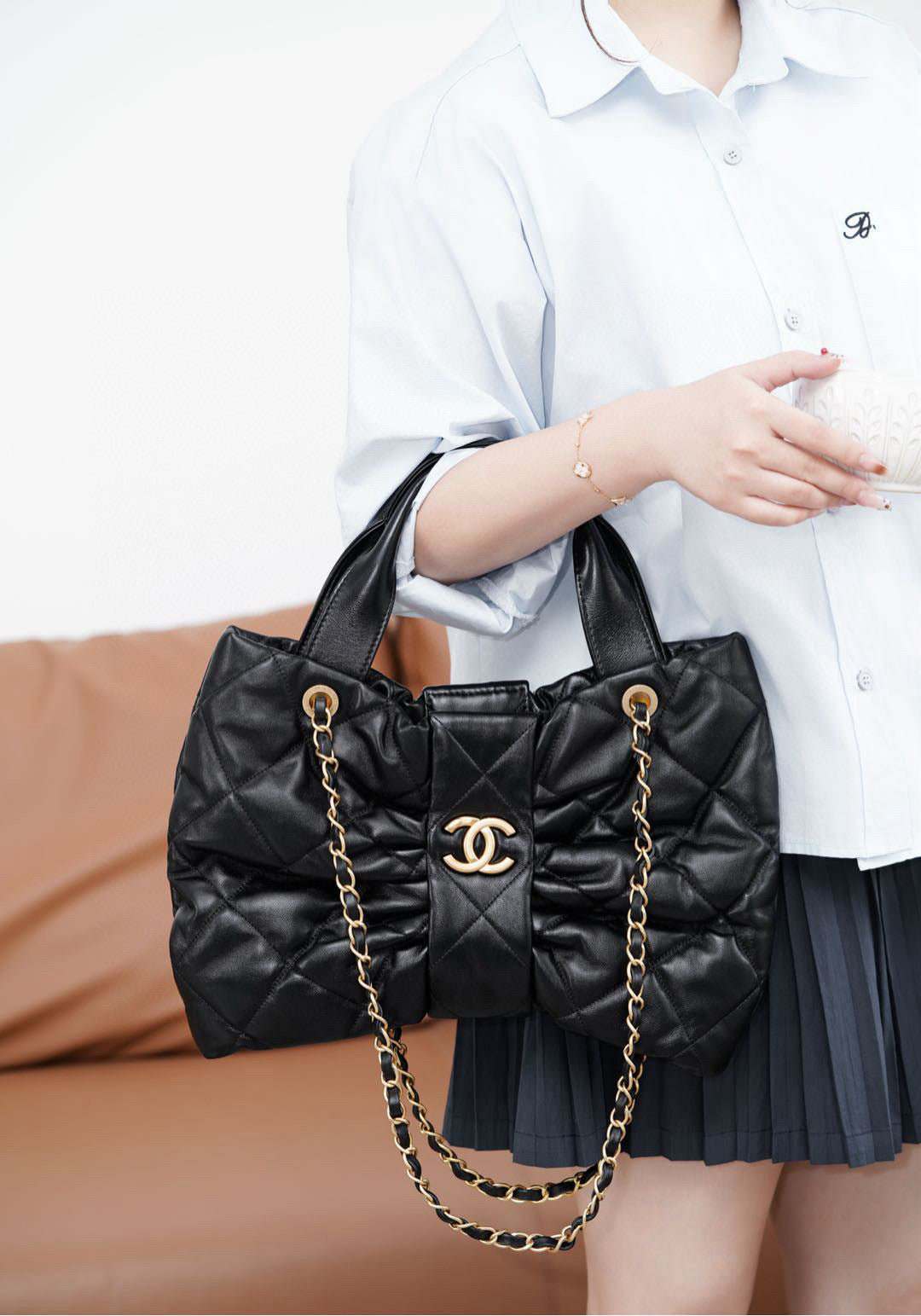 Chanel Quilted Bow Top Handle Bag with Chain Strap