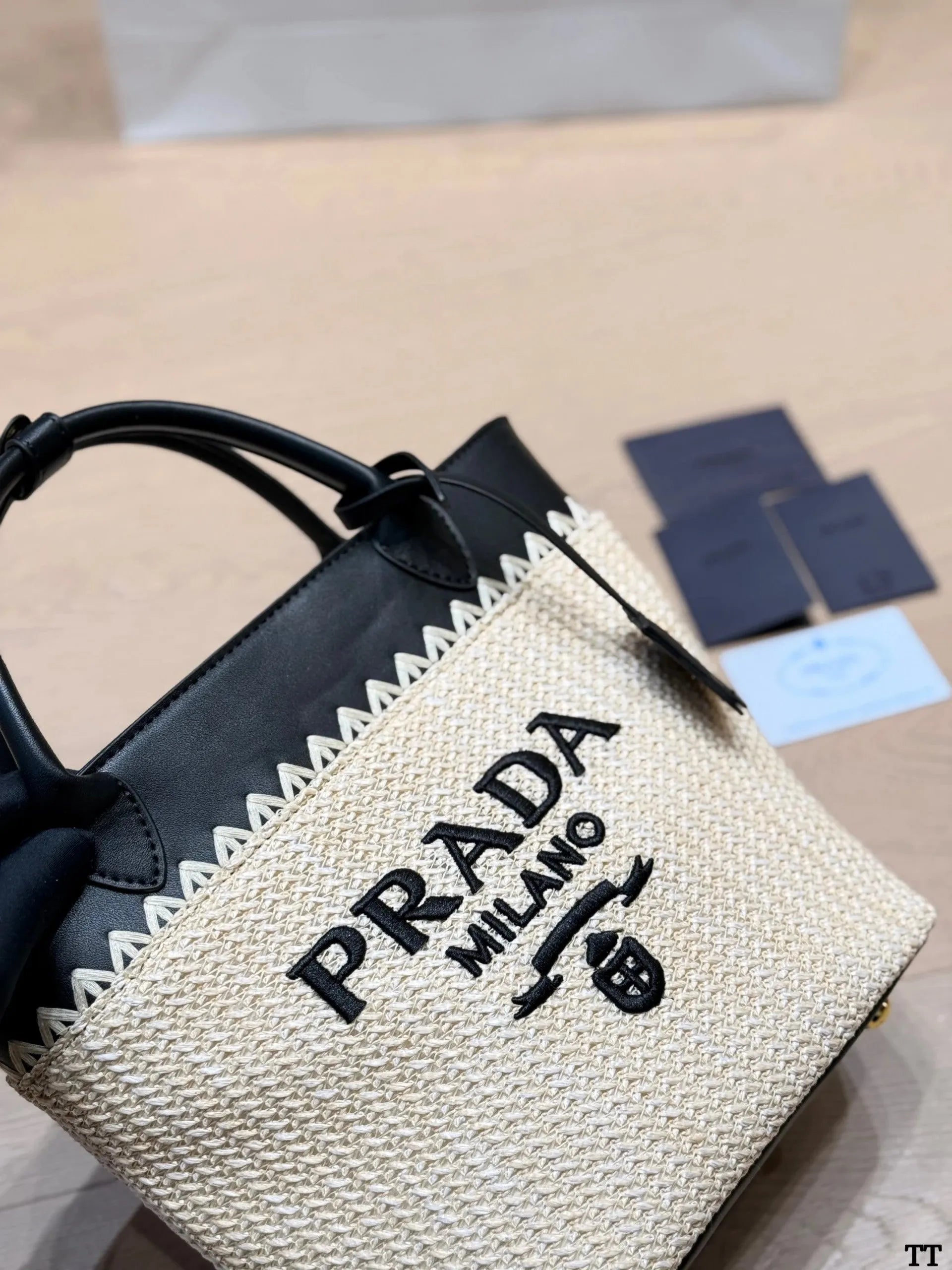 Prada Small Raffia and Leather Tote Bag