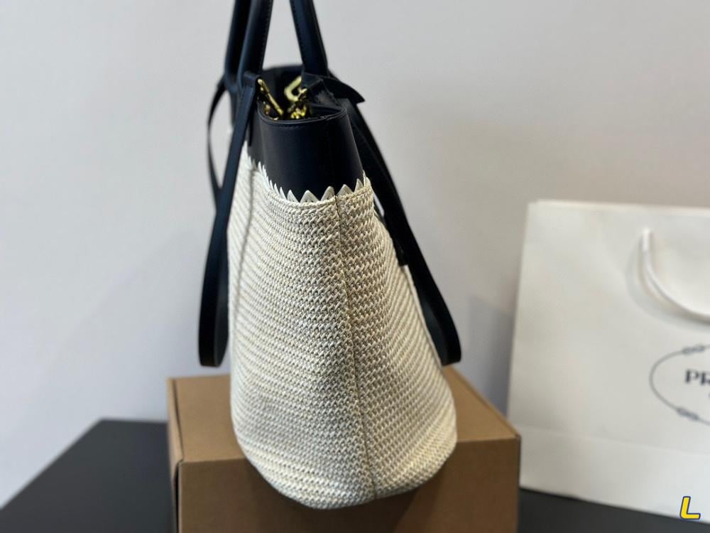 Prada Large Raffia and Leather Tote Bag