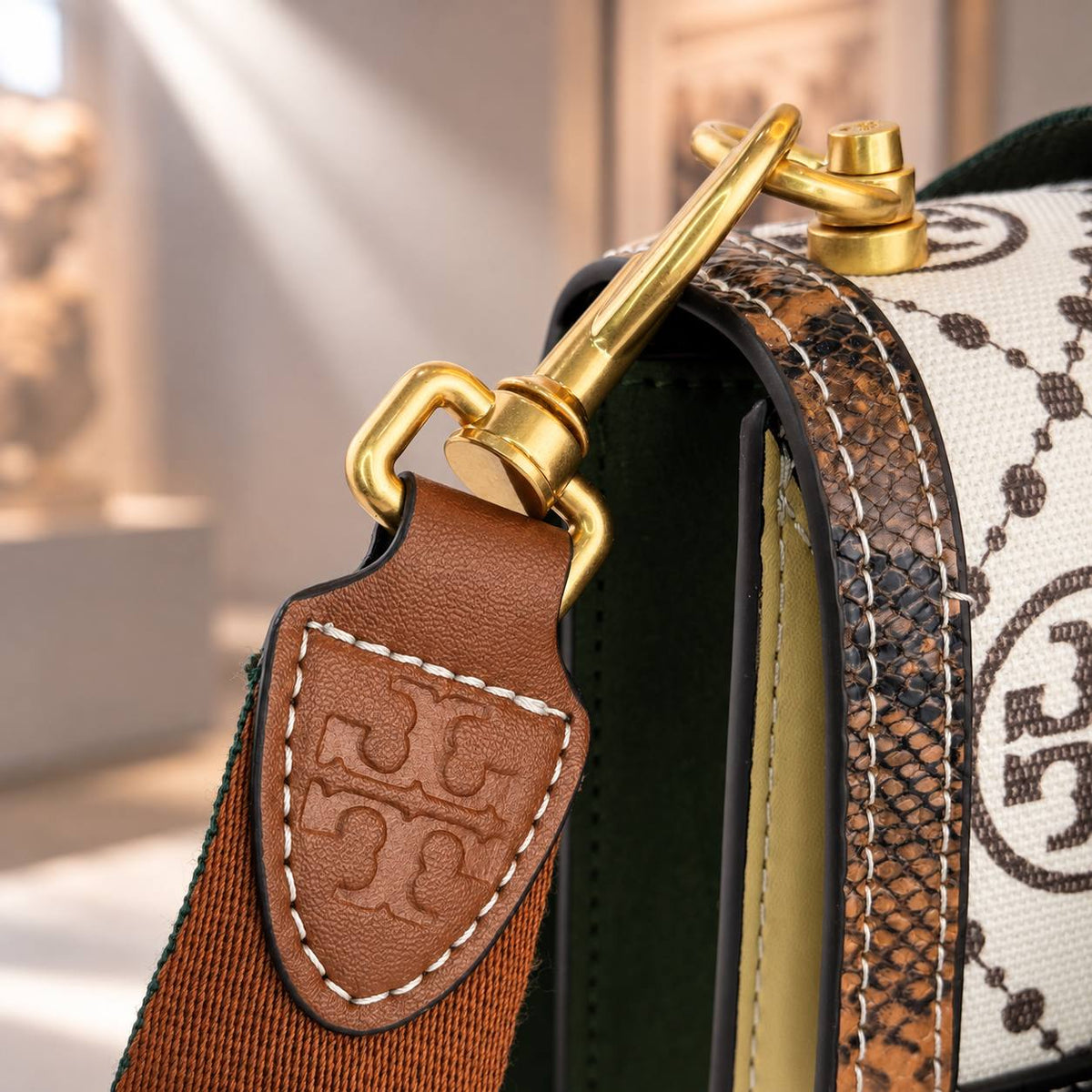 Tory Burch T Monogram Flap Bag with Eyelet Webbing Strap