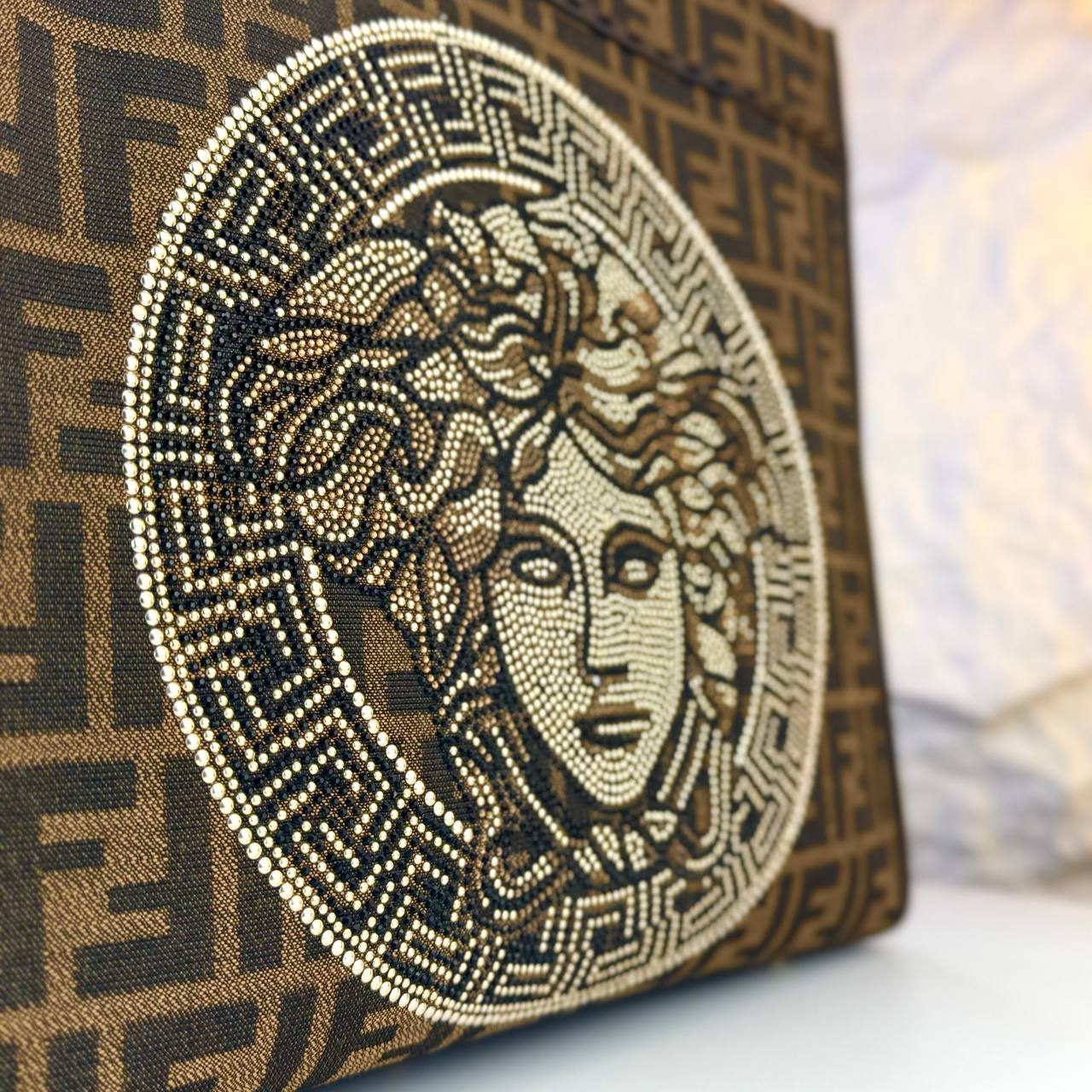 FENDACE (Fendi x Versace) Tote Bag – FF Canvas with Medusa Crystal Design