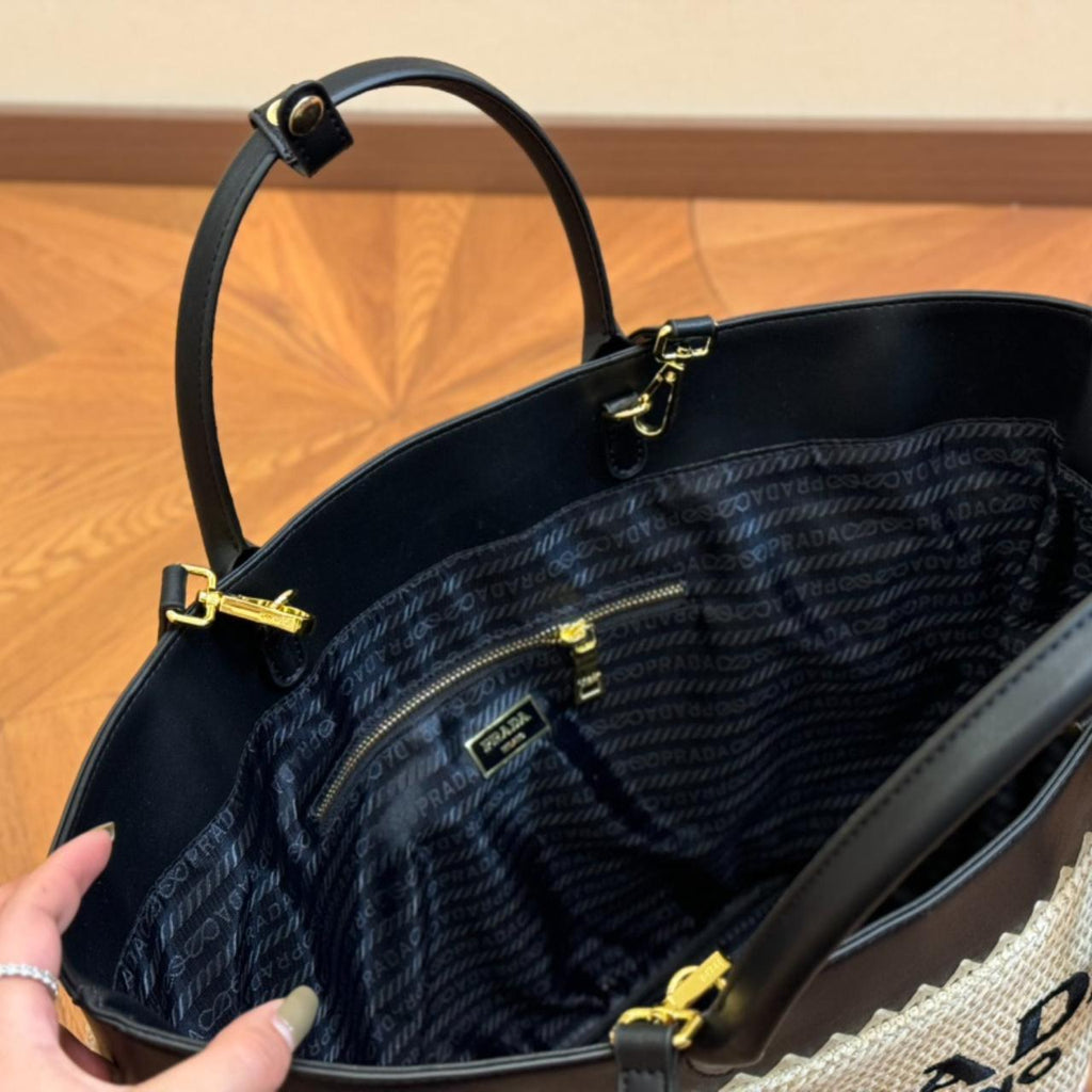 Prada Large Raffia and Leather Tote Bag