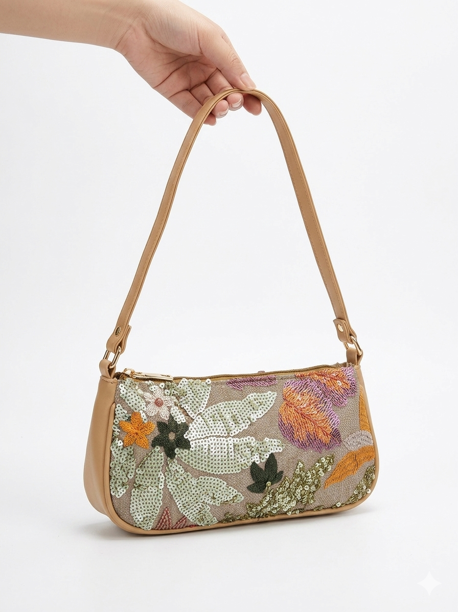Floral Sequin Shoulder Baguette Bag