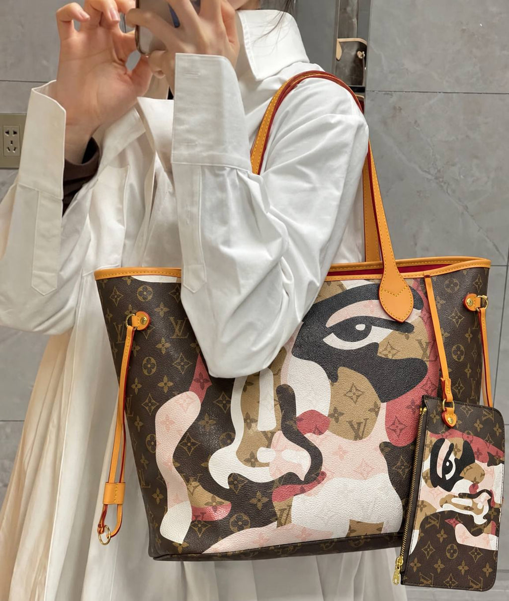 Louis Vuitton Neverfull Face Print Tote Bag with Removable Pouch