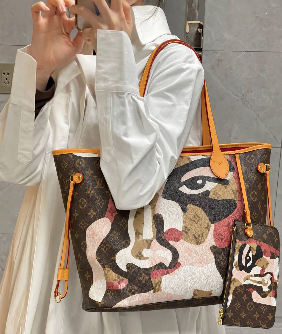 Louis Vuitton Neverfull Face Print Tote Bag with Removable Pouch