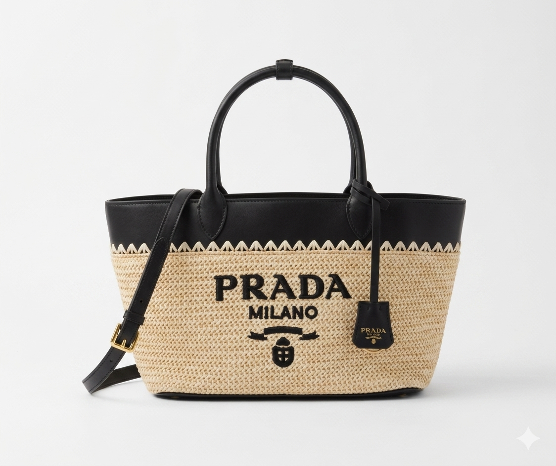 Prada Small Raffia and Leather Tote Bag