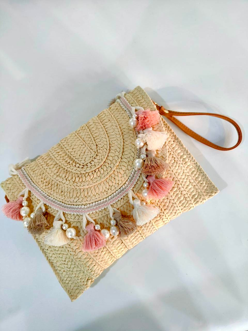 Woven Raffia Tassel Flap Bag