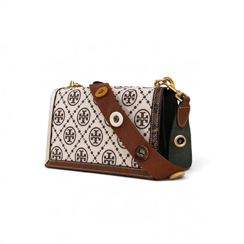 Tory Burch T Monogram Flap Bag with Eyelet Webbing Strap