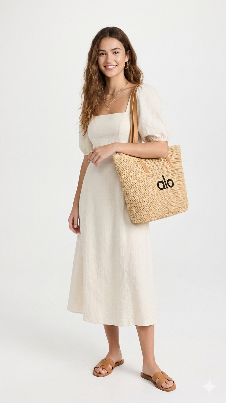 Alo Yoga Straw Tote Bag with Leather Handles