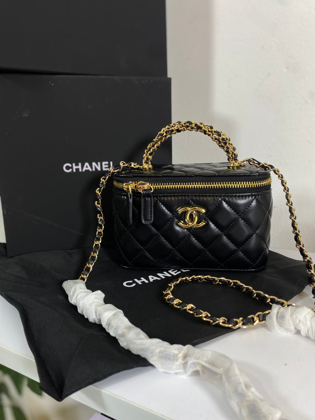 Chanel Black Calfskin Chain Vanity Bag