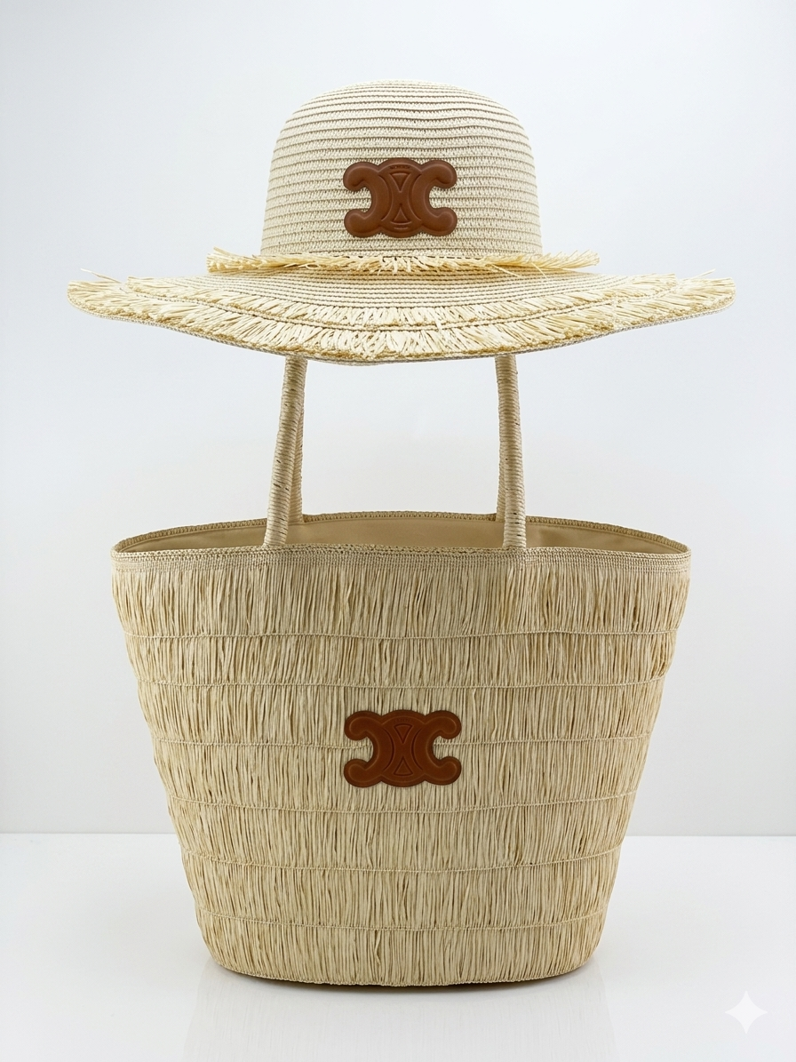 Celine Triomphe Panier Tote & Raffia Hat Set
