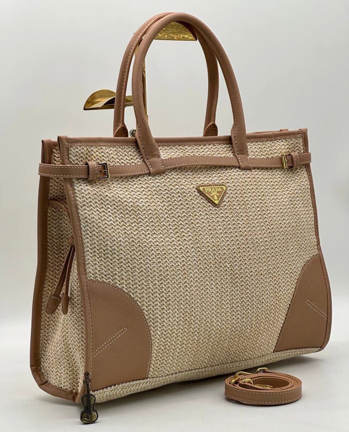 Prada Galleria Raffia and Saffiano Leather Tote Bag