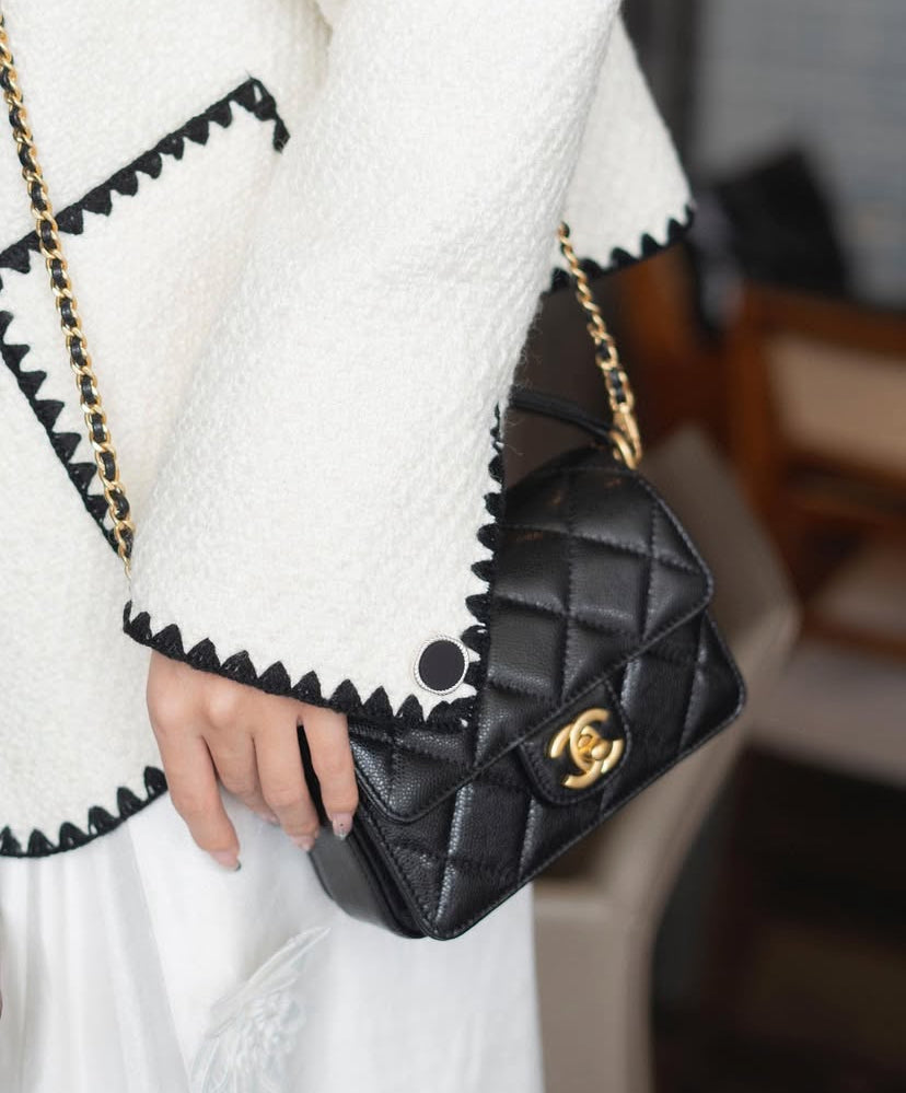 Chanel Shiny Caviar Quilted Mini Top Handle Flap Bag