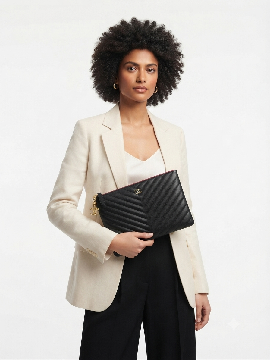 Chanel Chevron Quilted Caviar Zip Pouch