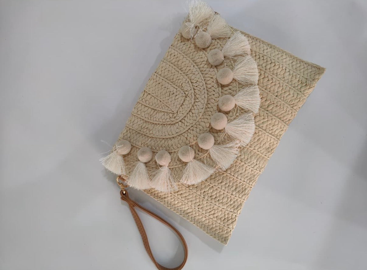 Woven Raffia Tassel Flap Bag