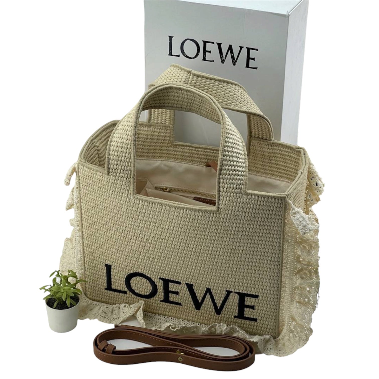 Loewe Standard A5 Tote in Raffia with Lace Trim