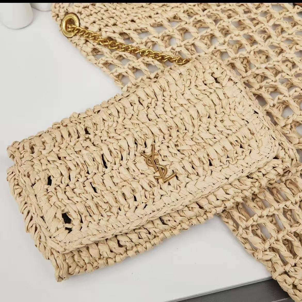 Saint Laurent Panier Medium Tote in Crochet Raffia