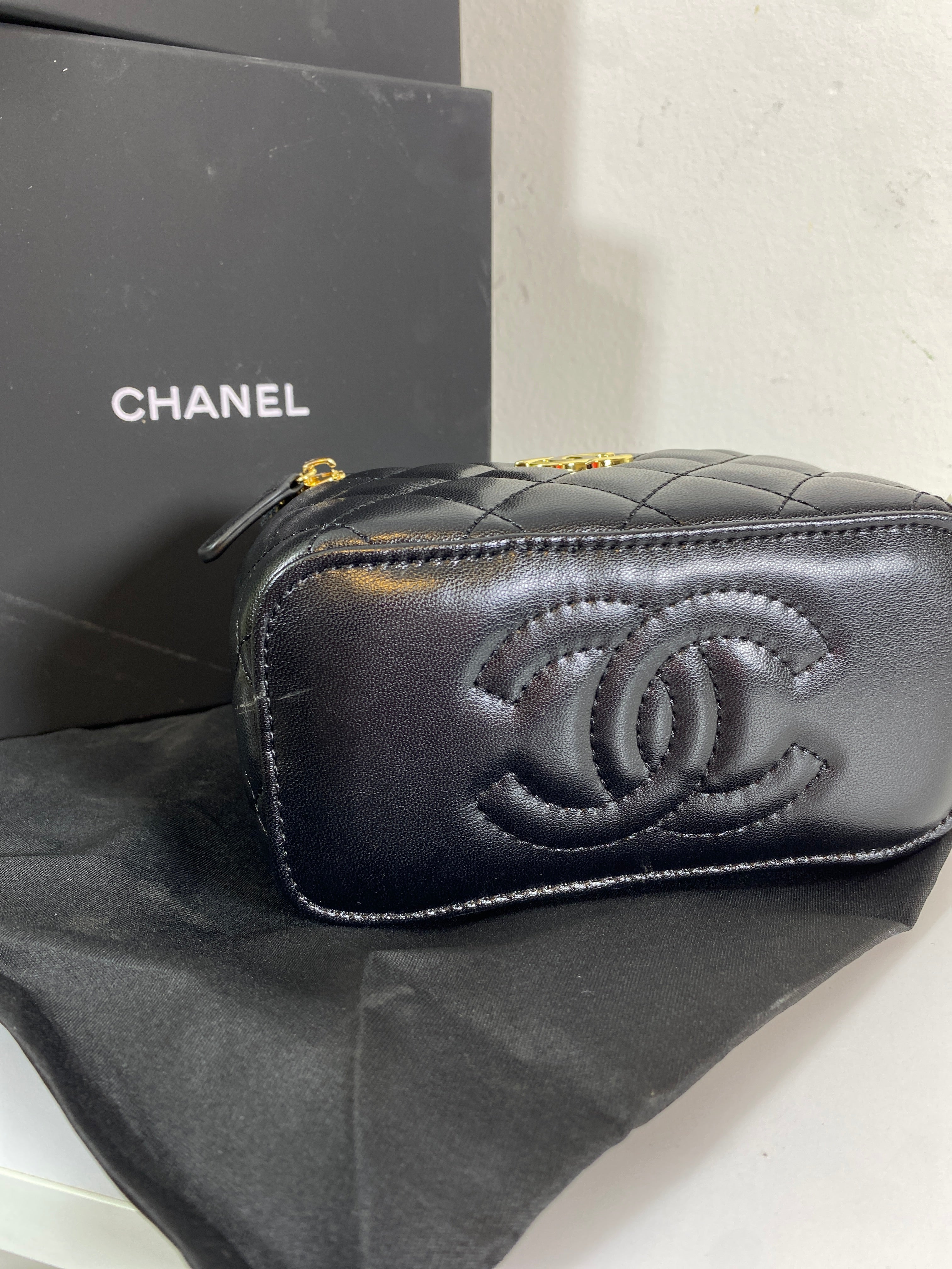 Chanel Black Calfskin Chain Vanity Bag