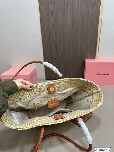 Miu Miu Woven Raffia Tote Bag with Heart Details