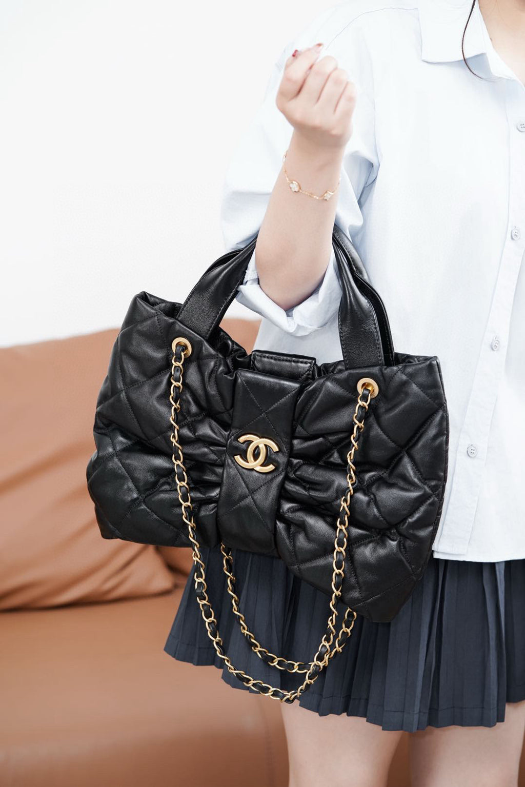 Chanel Quilted Bow Top Handle Bag with Chain Strap