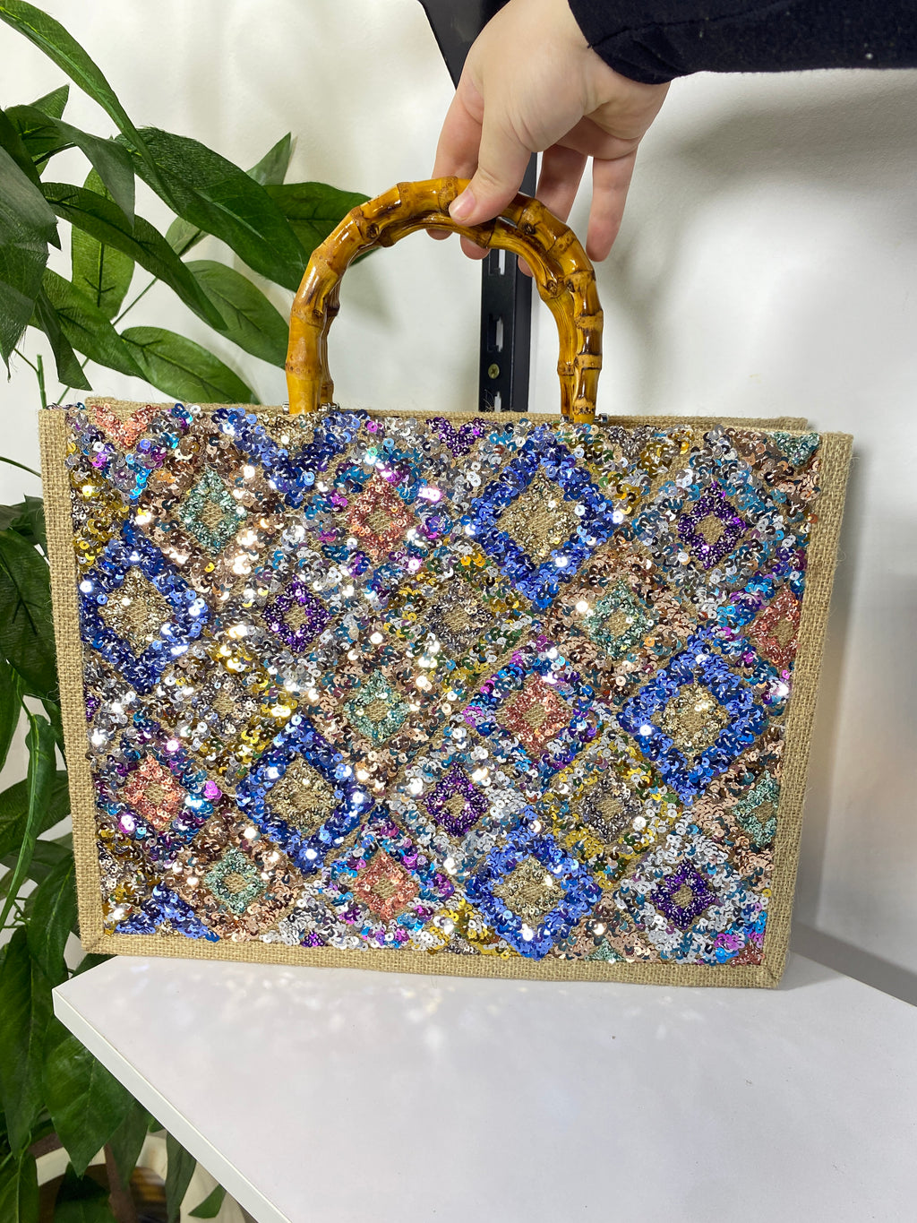 Boho Sequin Woven Handle Tote Bag
