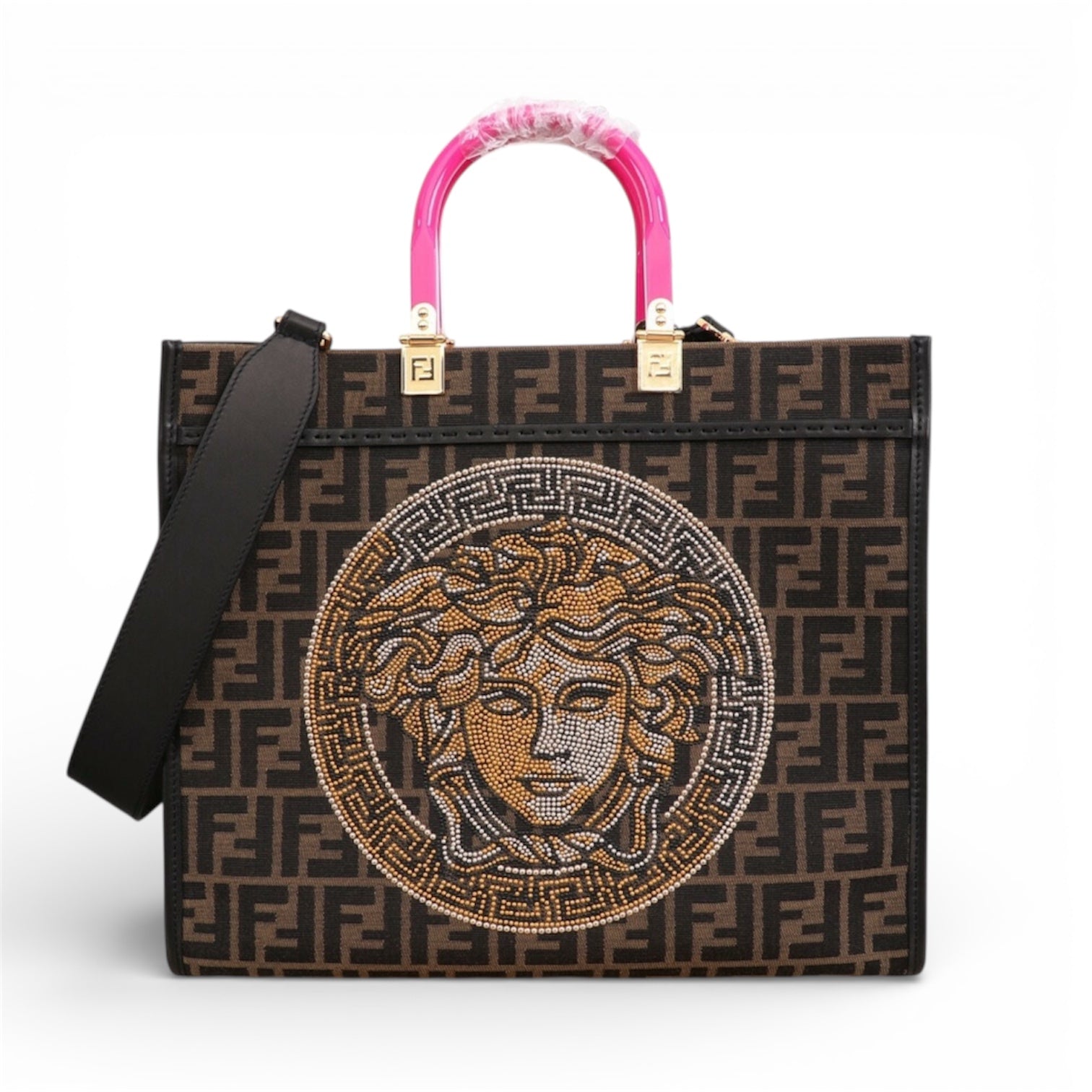 FENDACE (Fendi x Versace) Tote Bag – FF Canvas with Medusa Crystal Design