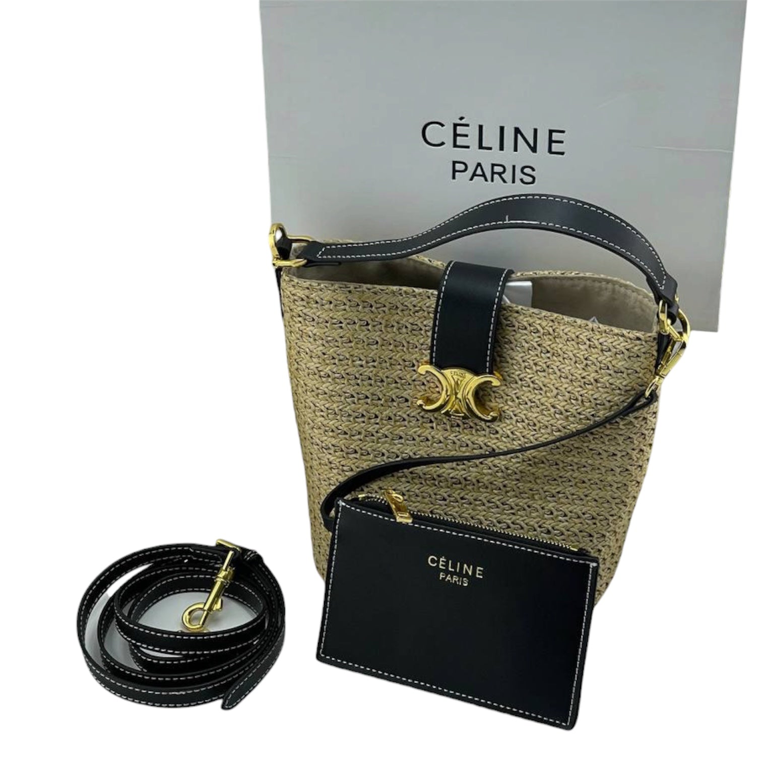 Celine Teen Triomphe Panier in Raffia and Calfskin