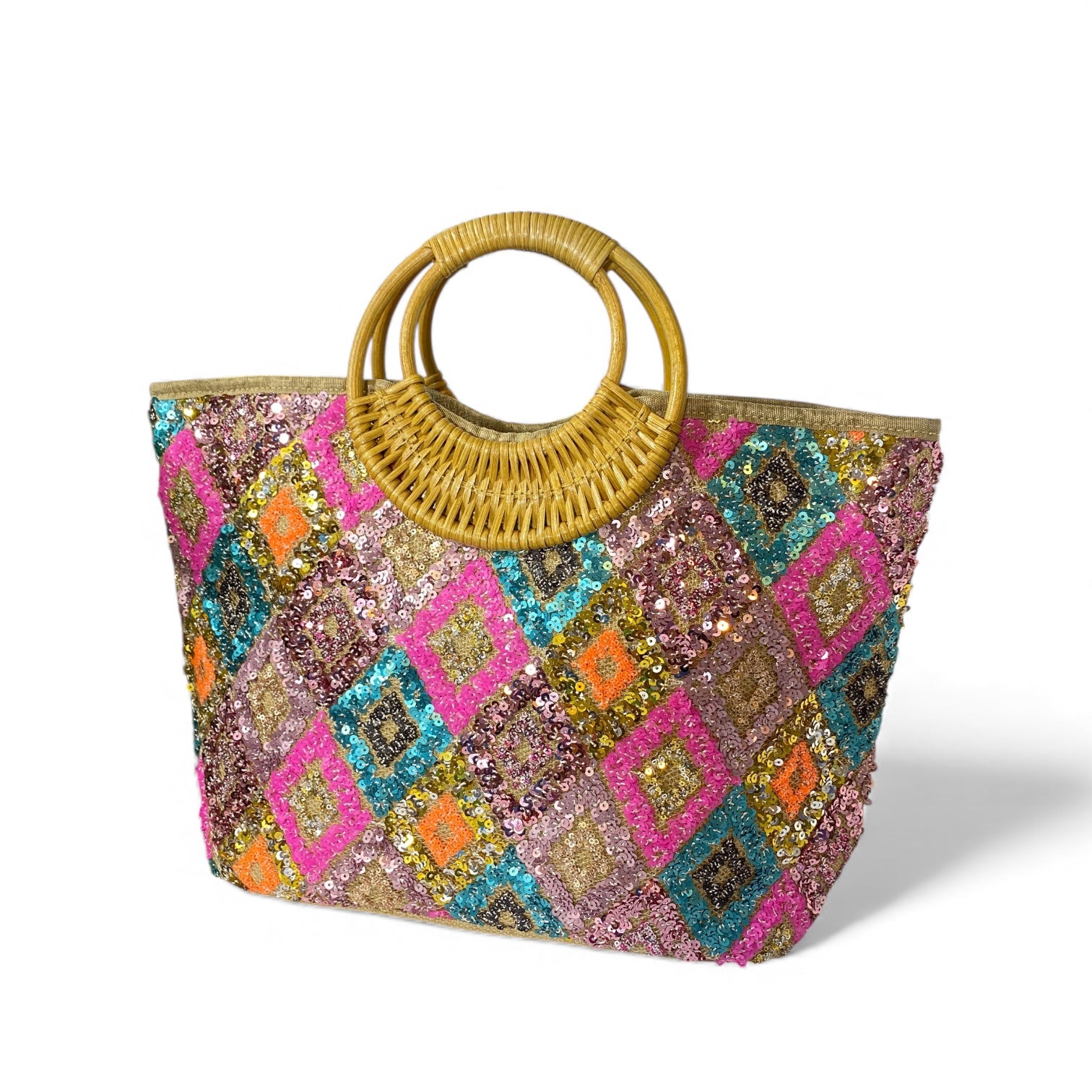 Boho Sequin Woven Handle Tote Bag