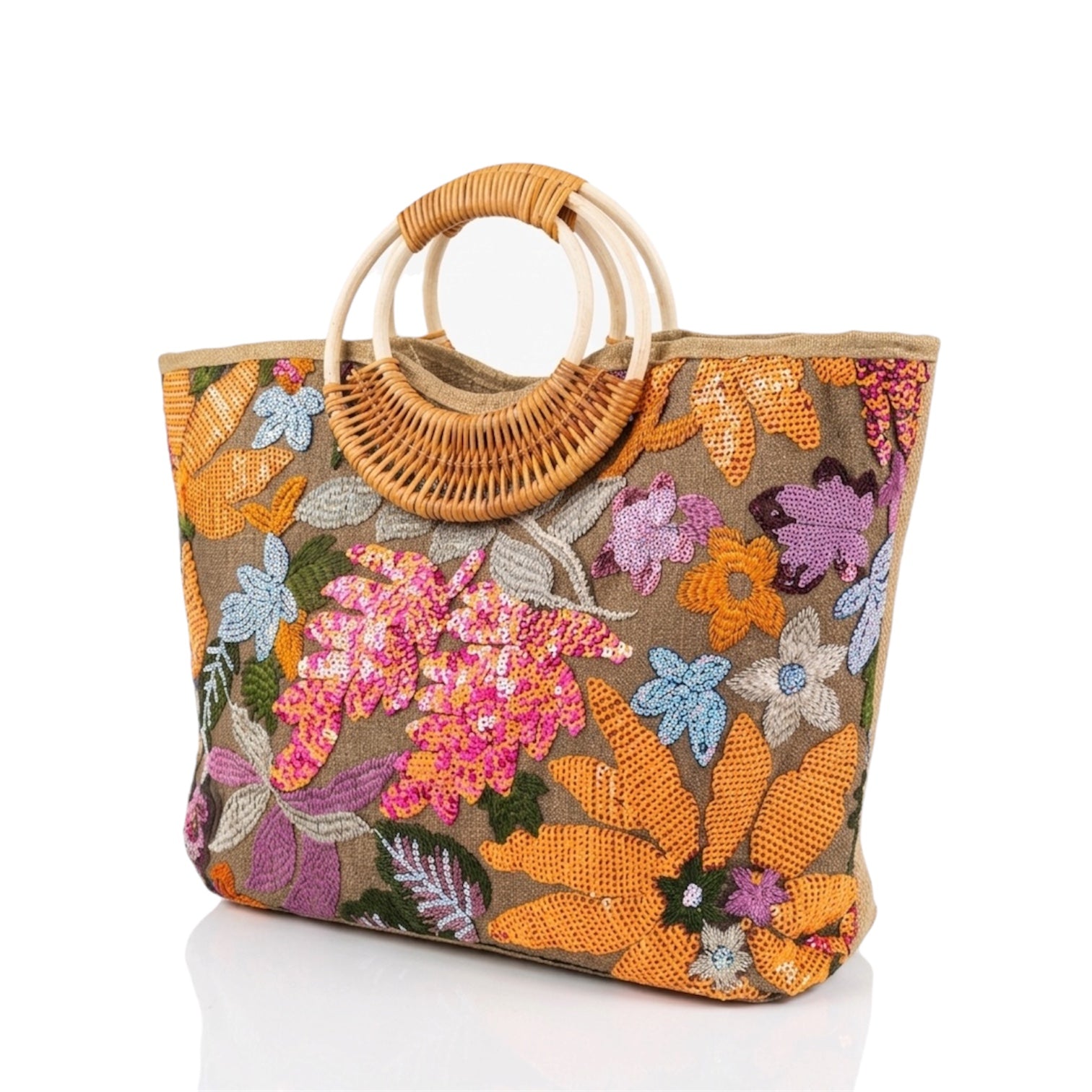 Boho Sequin Woven Handle Tote Bag