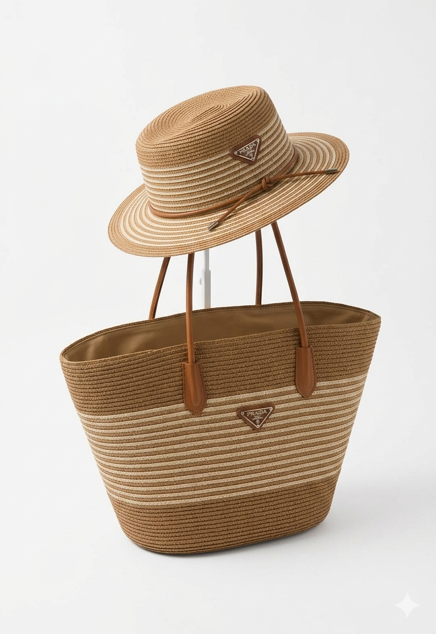 Prada Raffia Tote and Boater Hat Set